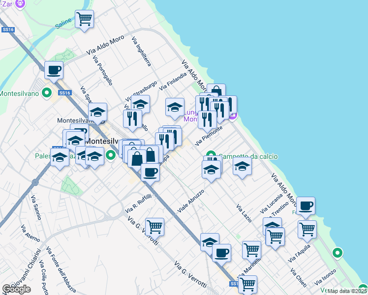 map of restaurants, bars, coffee shops, grocery stores, and more near 36A Via Danimarca in Montesilvano
