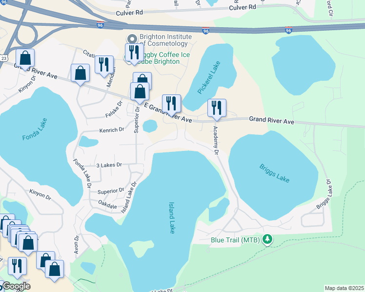 map of restaurants, bars, coffee shops, grocery stores, and more near 6072 Vicki Jean Lane in Brighton