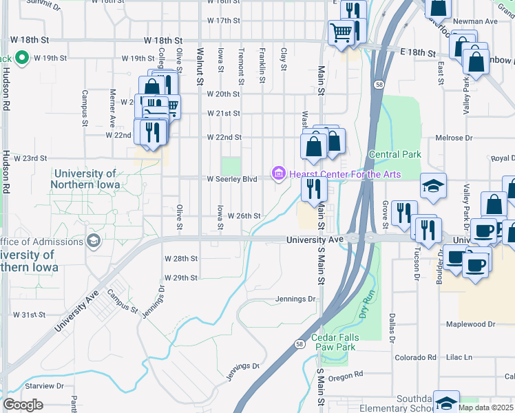 map of restaurants, bars, coffee shops, grocery stores, and more near 2511 Franklin Street in Cedar Falls