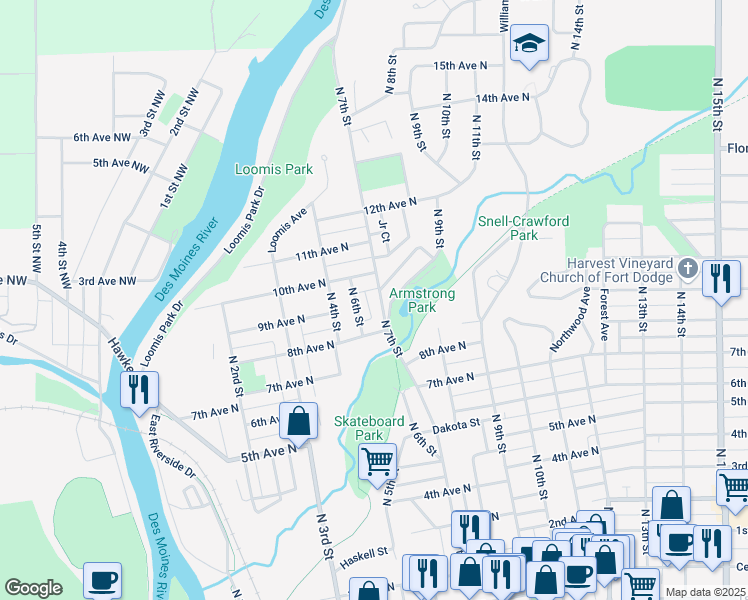 map of restaurants, bars, coffee shops, grocery stores, and more near 840 North 7th Street in Fort Dodge
