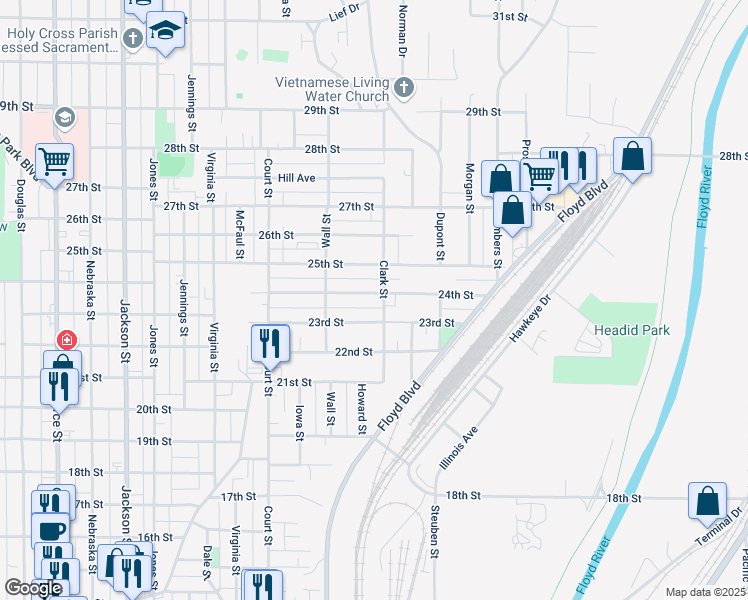 map of restaurants, bars, coffee shops, grocery stores, and more near 1414 24th Street in Sioux City