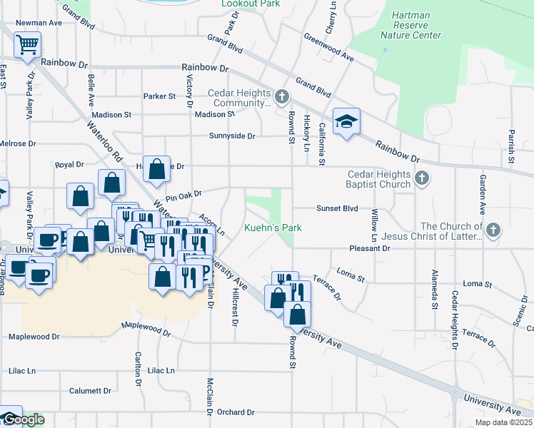 map of restaurants, bars, coffee shops, grocery stores, and more near 1928 Pleasant Drive in Cedar Falls