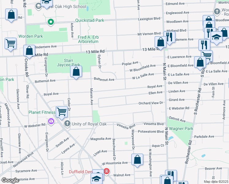 map of restaurants, bars, coffee shops, grocery stores, and more near 635 Royal Avenue in Royal Oak