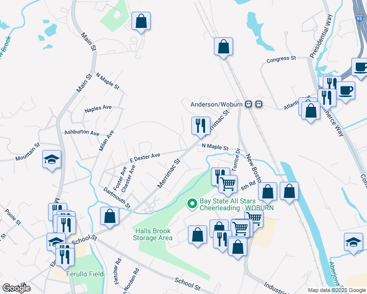 map of restaurants, bars, coffee shops, grocery stores, and more near 1 East Dexter Avenue in Woburn