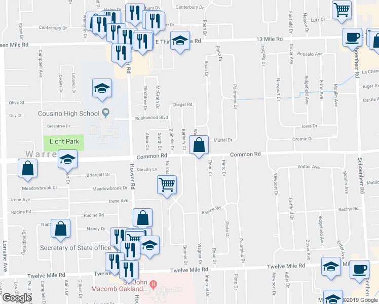 map of restaurants, bars, coffee shops, grocery stores, and more near 30002 Barbary Court in Warren