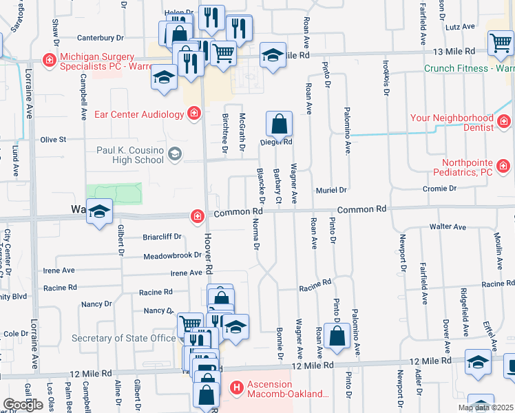 map of restaurants, bars, coffee shops, grocery stores, and more near 30011 Blancke Drive in Warren