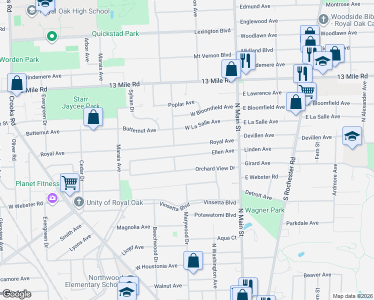 map of restaurants, bars, coffee shops, grocery stores, and more near 429 Royal Avenue in Royal Oak