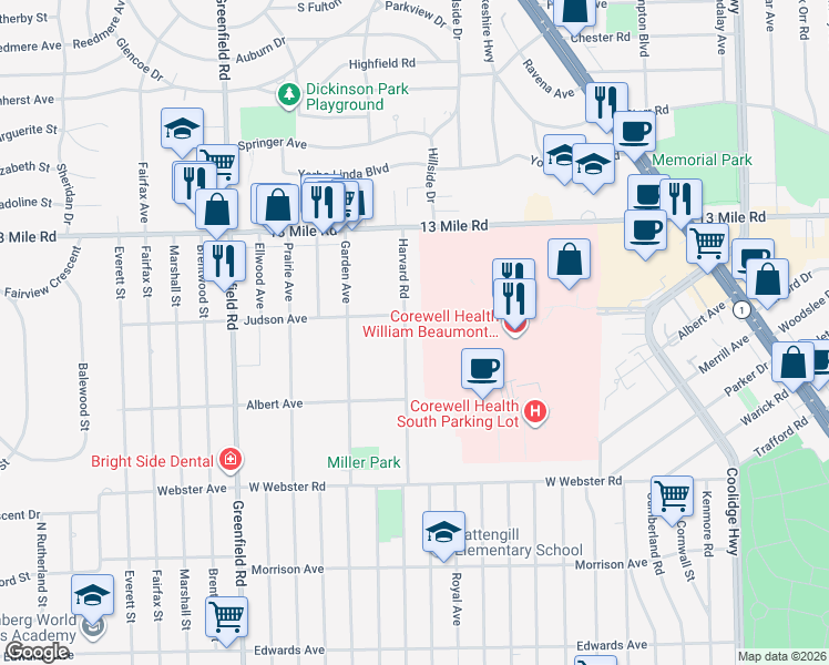 map of restaurants, bars, coffee shops, grocery stores, and more near 3266 Harvard Road in Royal Oak