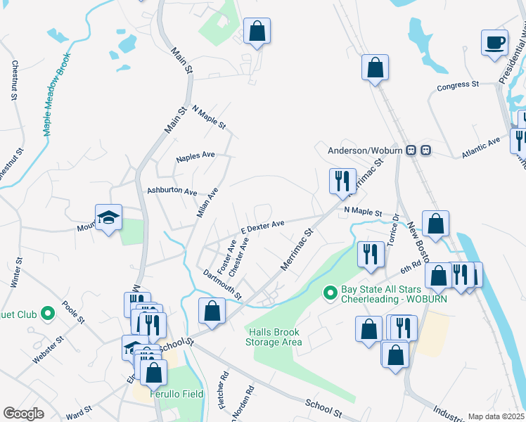 map of restaurants, bars, coffee shops, grocery stores, and more near 26 Baldwin Avenue in Woburn
