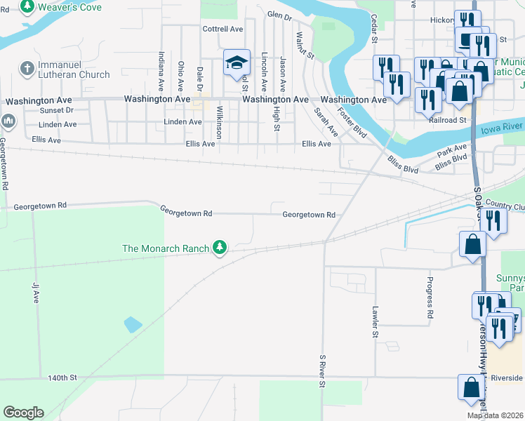 map of restaurants, bars, coffee shops, grocery stores, and more near 1320 Georgetown Rd in Iowa Falls