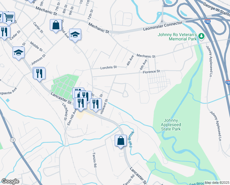map of restaurants, bars, coffee shops, grocery stores, and more near 15 Portland Street in Leominster