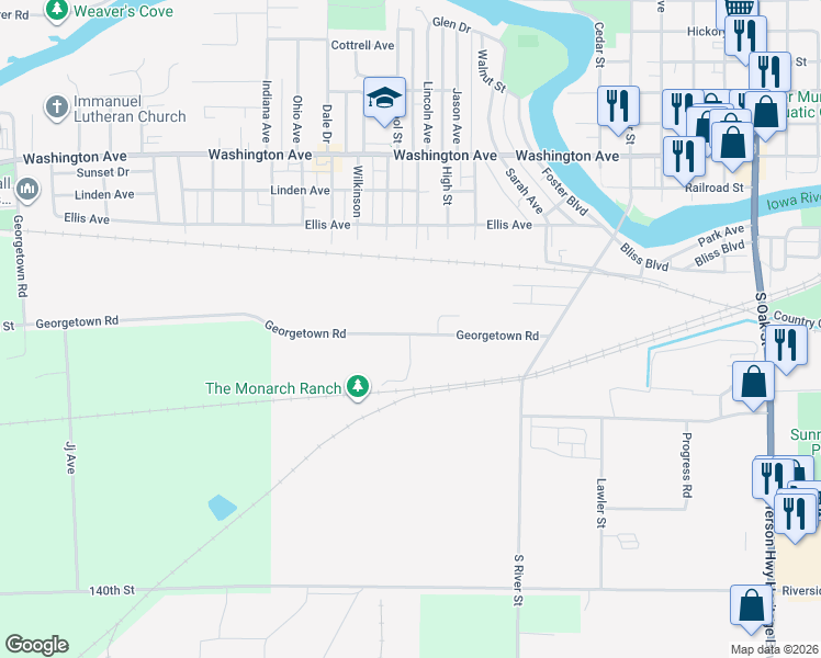 map of restaurants, bars, coffee shops, grocery stores, and more near 1320 Georgetown Rd in Iowa Falls