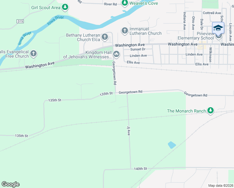 map of restaurants, bars, coffee shops, grocery stores, and more near 20522 135th Street in Iowa Falls