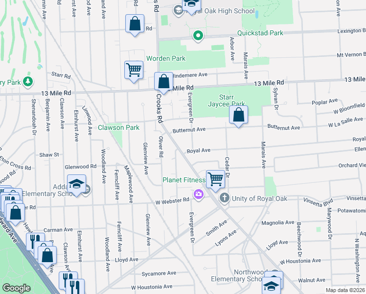 map of restaurants, bars, coffee shops, grocery stores, and more near 2912 Crooks Road in Royal Oak