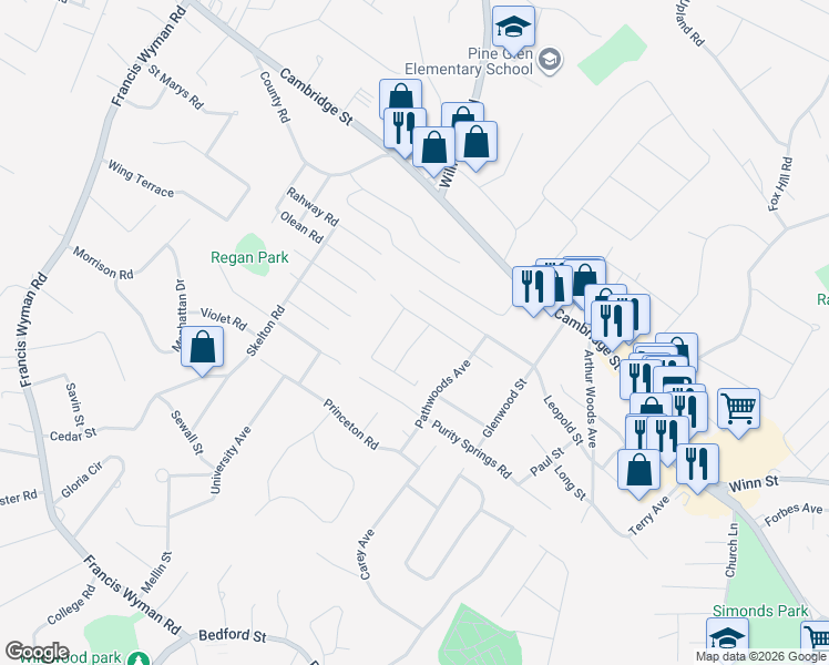 map of restaurants, bars, coffee shops, grocery stores, and more near 3 Oak Knoll Street in Burlington