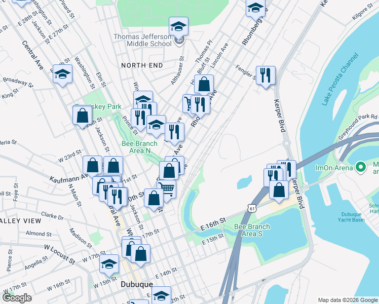 map of restaurants, bars, coffee shops, grocery stores, and more near 611 Garfield Ave in Dubuque
