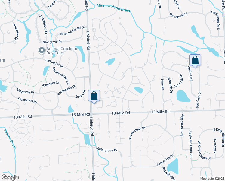 map of restaurants, bars, coffee shops, grocery stores, and more near 36971 Dartmoor Drive in Farmington Hills