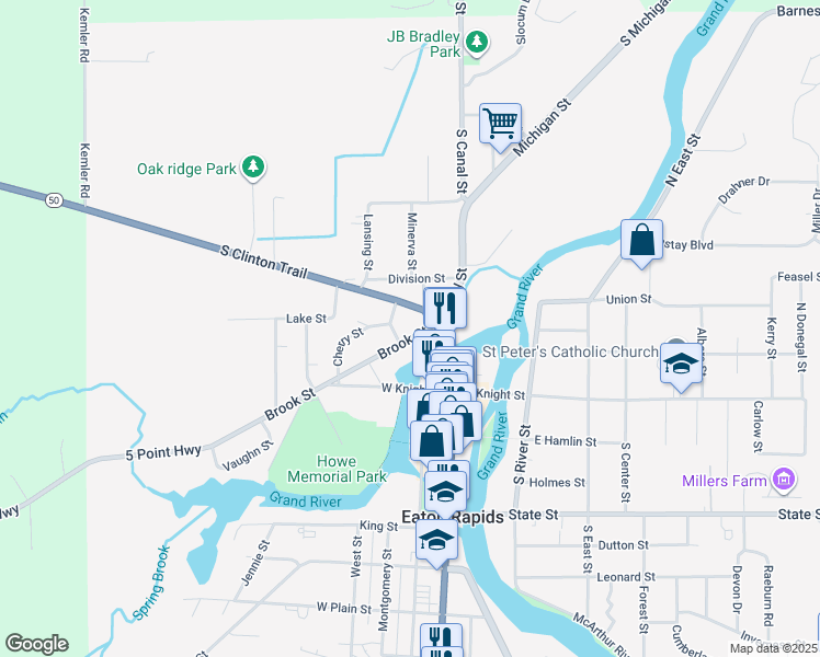 map of restaurants, bars, coffee shops, grocery stores, and more near 110 Brook Street in Eaton Rapids