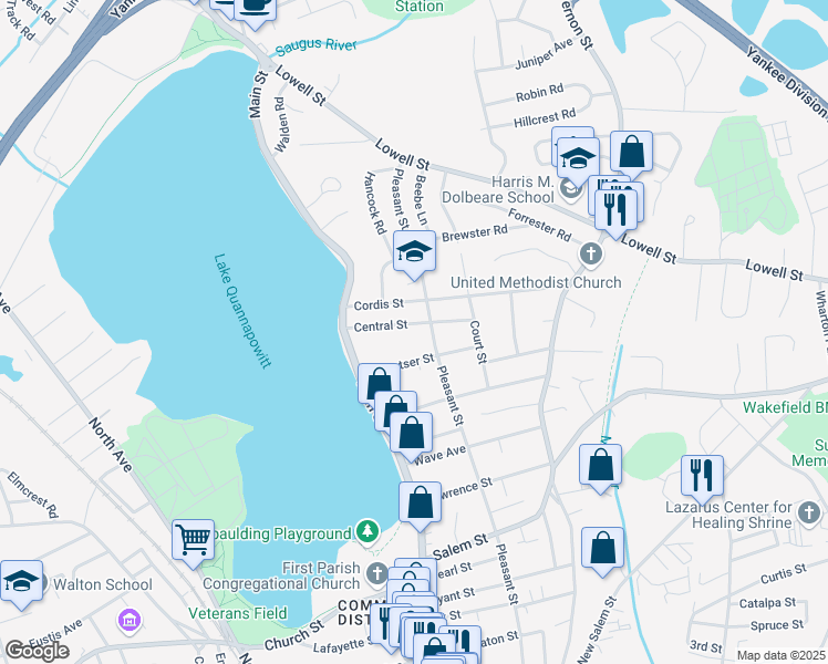 map of restaurants, bars, coffee shops, grocery stores, and more near 18 Central Street in Wakefield