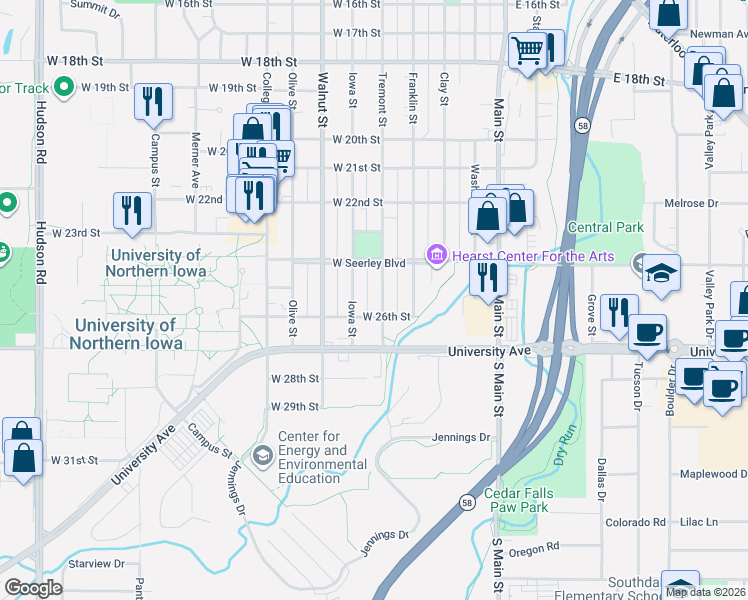 map of restaurants, bars, coffee shops, grocery stores, and more near 2515 Tremont Street in Cedar Falls