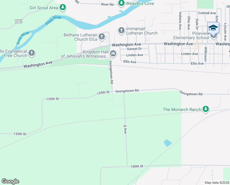 map of restaurants, bars, coffee shops, grocery stores, and more near 20522 135th Street in Iowa Falls