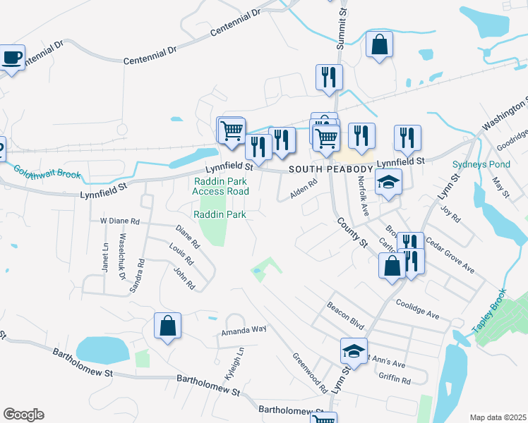 map of restaurants, bars, coffee shops, grocery stores, and more near 5 Quarry Terrace in Peabody