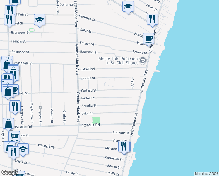 map of restaurants, bars, coffee shops, grocery stores, and more near 22705 Garfield Street in Saint Clair Shores