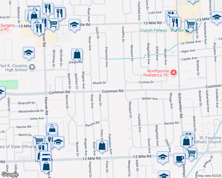 map of restaurants, bars, coffee shops, grocery stores, and more near 12531 Common Road in Warren