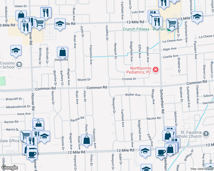 map of restaurants, bars, coffee shops, grocery stores, and more near 30009 Iroquois Drive in Warren