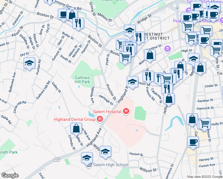 map of restaurants, bars, coffee shops, grocery stores, and more near 81 Proctor Street in Salem