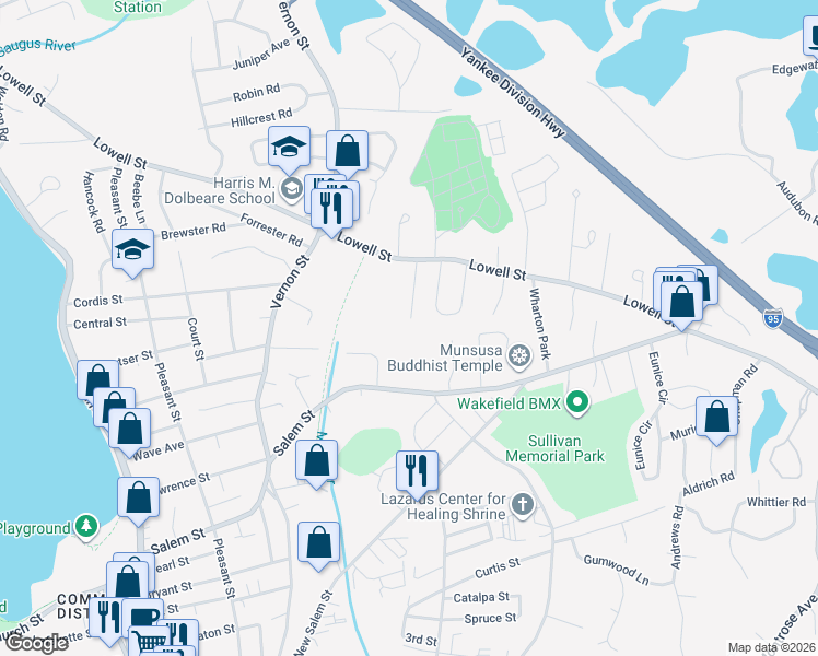 map of restaurants, bars, coffee shops, grocery stores, and more near 29 Penfield Circle in Wakefield