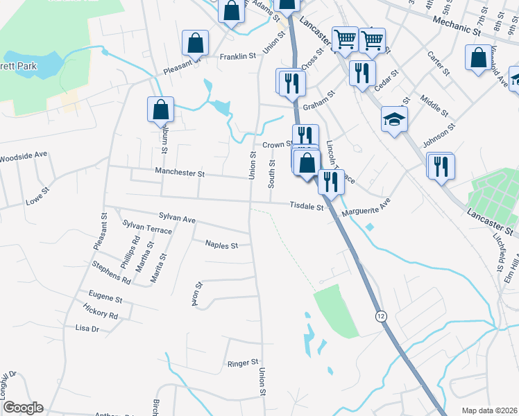 map of restaurants, bars, coffee shops, grocery stores, and more near Lincoln Woods Path in Leominster