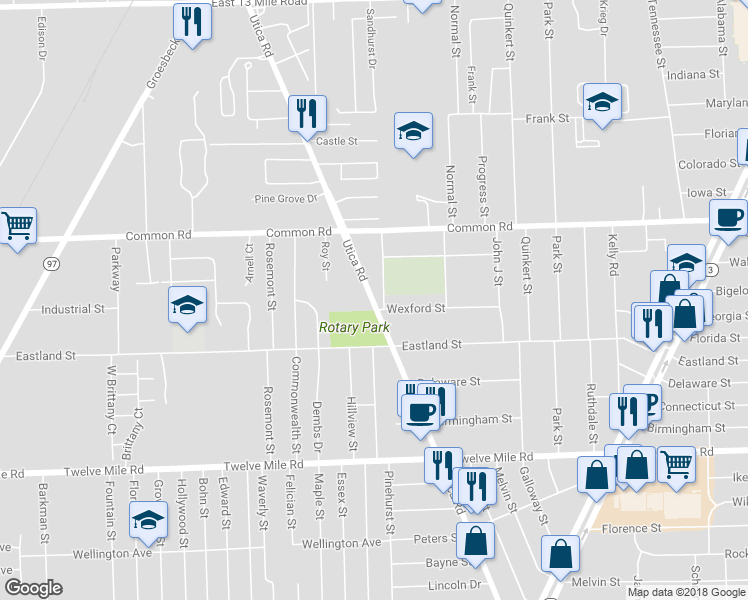 map of restaurants, bars, coffee shops, grocery stores, and more near 29732 Utica Road in Roseville