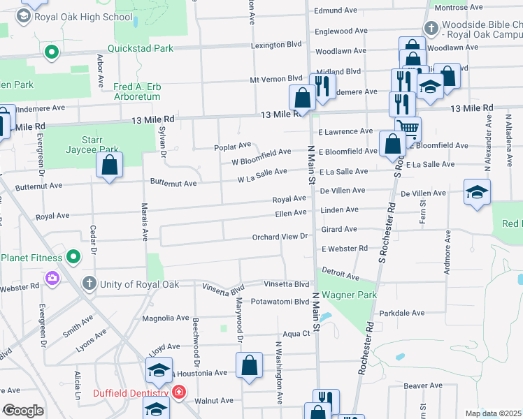 map of restaurants, bars, coffee shops, grocery stores, and more near 311 Ellen Avenue in Royal Oak