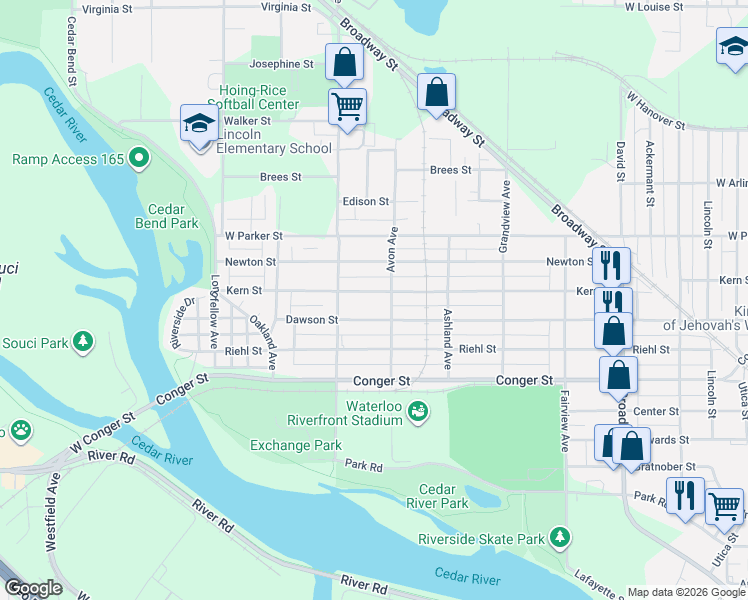 map of restaurants, bars, coffee shops, grocery stores, and more near 900 Burton Avenue in Waterloo