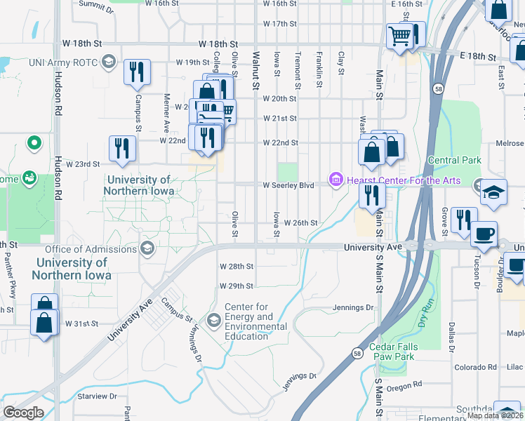 map of restaurants, bars, coffee shops, grocery stores, and more near 2515 Iowa Street in Cedar Falls