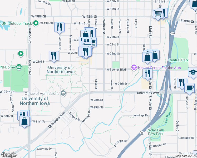 map of restaurants, bars, coffee shops, grocery stores, and more near 2515 Walnut Street in Cedar Falls