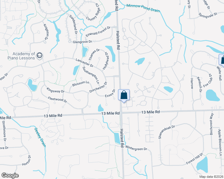 map of restaurants, bars, coffee shops, grocery stores, and more near 30297 Essex Drive in Farmington Hills