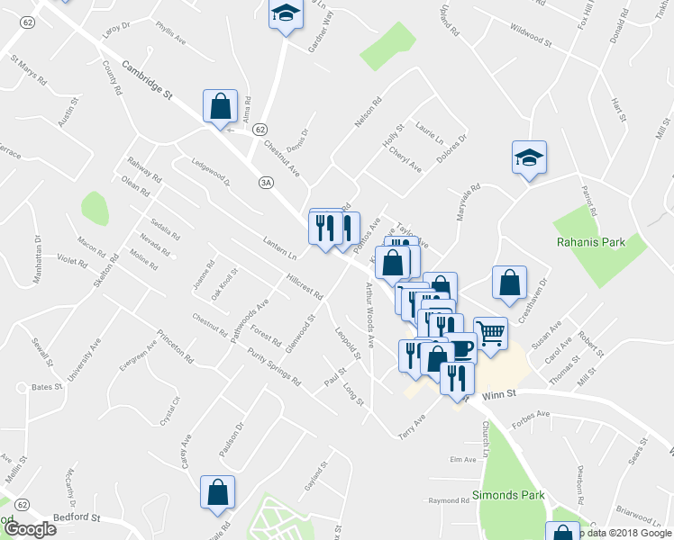map of restaurants, bars, coffee shops, grocery stores, and more near 1 Great Pines Avenue in Burlington