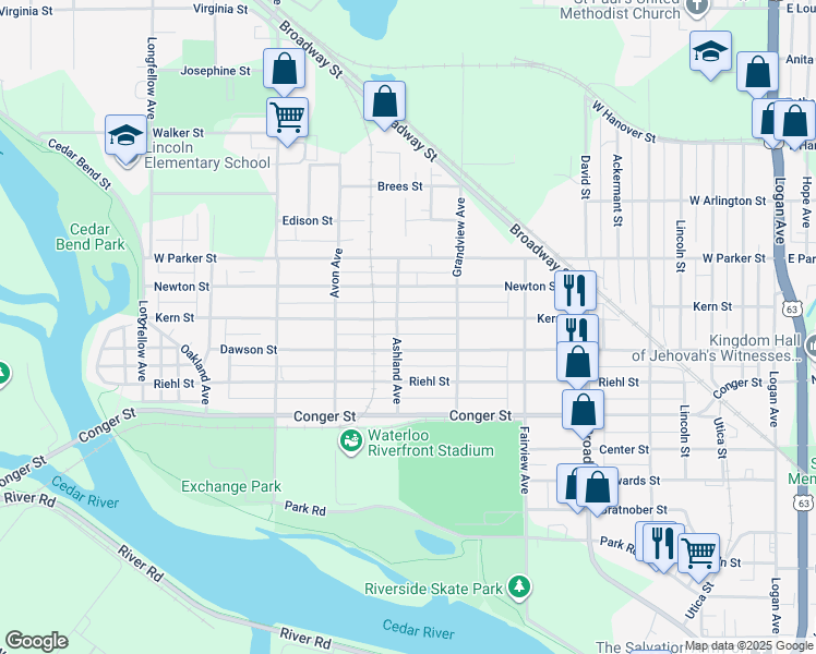 map of restaurants, bars, coffee shops, grocery stores, and more near 749 Kern Street in Waterloo