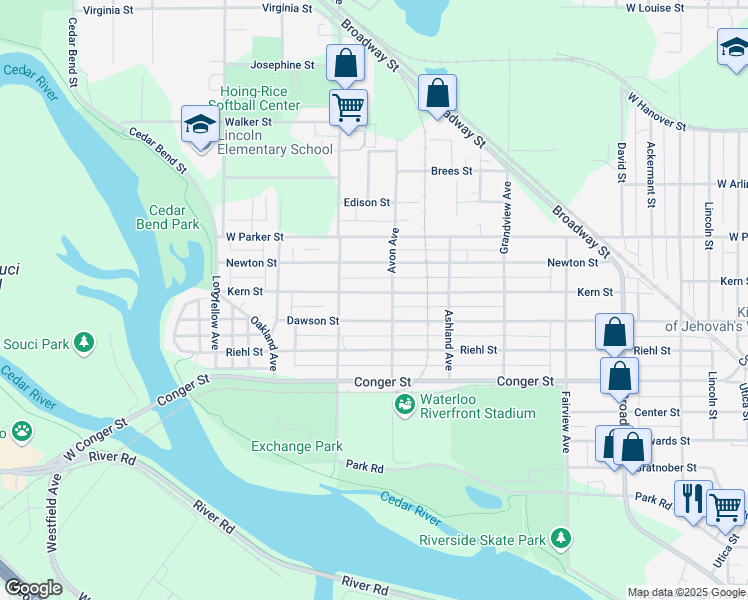 map of restaurants, bars, coffee shops, grocery stores, and more near 900 Burton Avenue in Waterloo