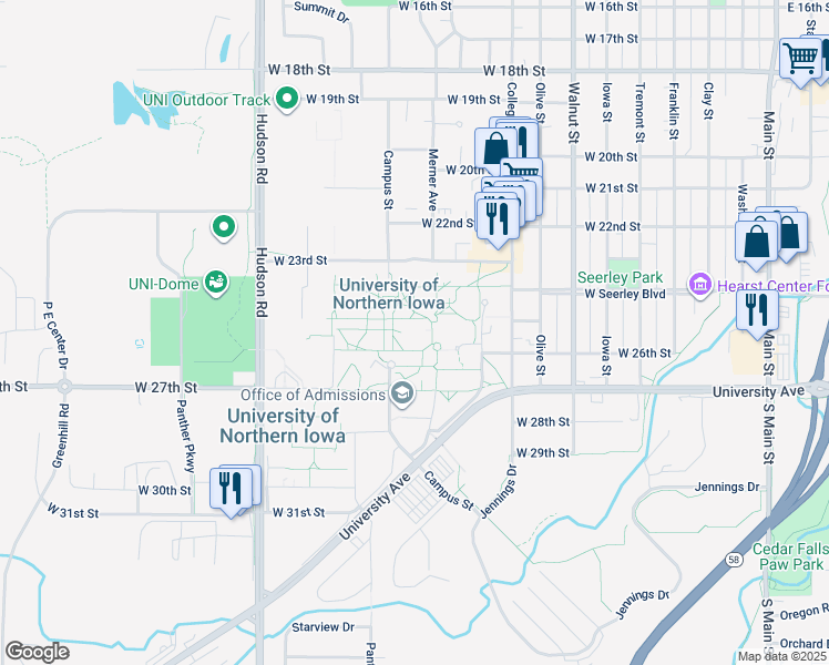 map of restaurants, bars, coffee shops, grocery stores, and more near 1227 West 27th Street in Cedar Falls