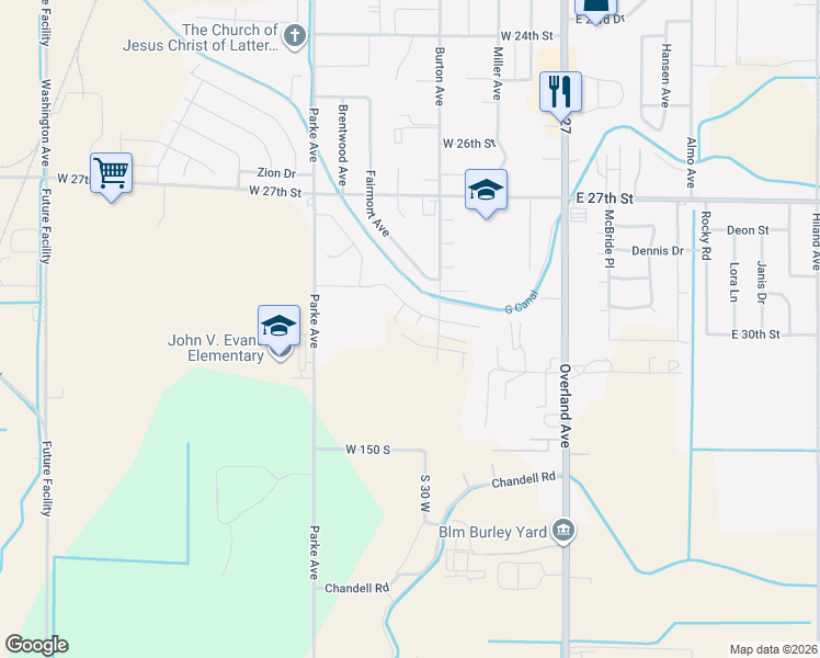 map of restaurants, bars, coffee shops, grocery stores, and more near in Burley