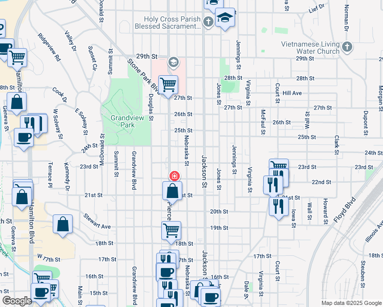 map of restaurants, bars, coffee shops, grocery stores, and more near 2312 Nebraska Street in Sioux City