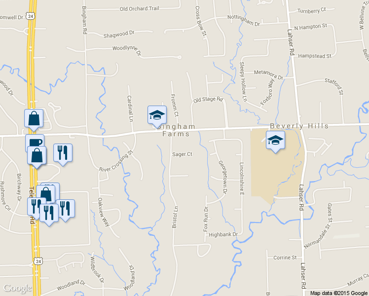 map of restaurants, bars, coffee shops, grocery stores, and more near 23100 Sager Ct in Bingham Farms