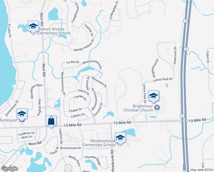 map of restaurants, bars, coffee shops, grocery stores, and more near 29930 Rousseau Drive in Novi