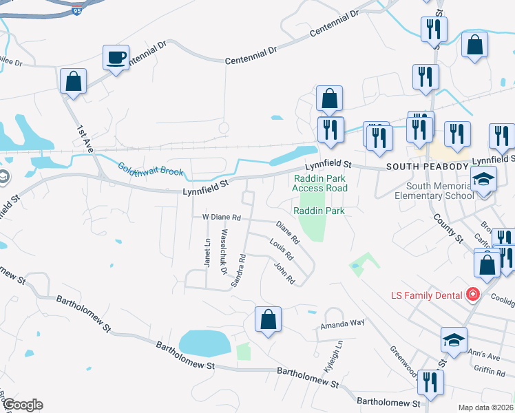 map of restaurants, bars, coffee shops, grocery stores, and more near 17 Blair Terrace in Peabody