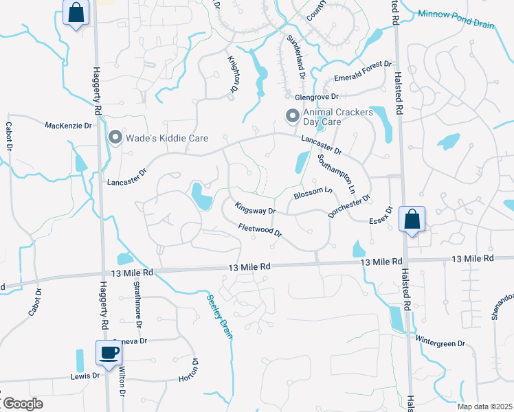 map of restaurants, bars, coffee shops, grocery stores, and more near 30154 Kingsway Drive in Farmington Hills
