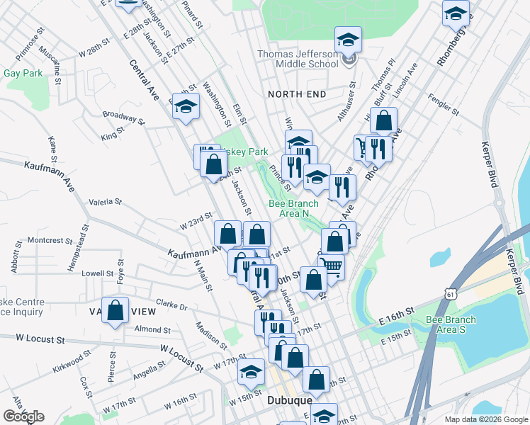 map of restaurants, bars, coffee shops, grocery stores, and more near 2219 Washington Street in Dubuque