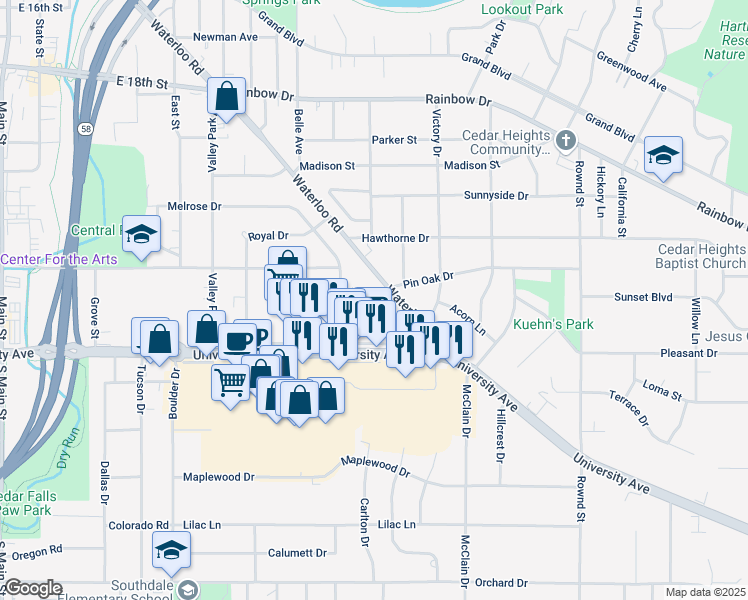 map of restaurants, bars, coffee shops, grocery stores, and more near 2601 Waterloo Road in Cedar Falls